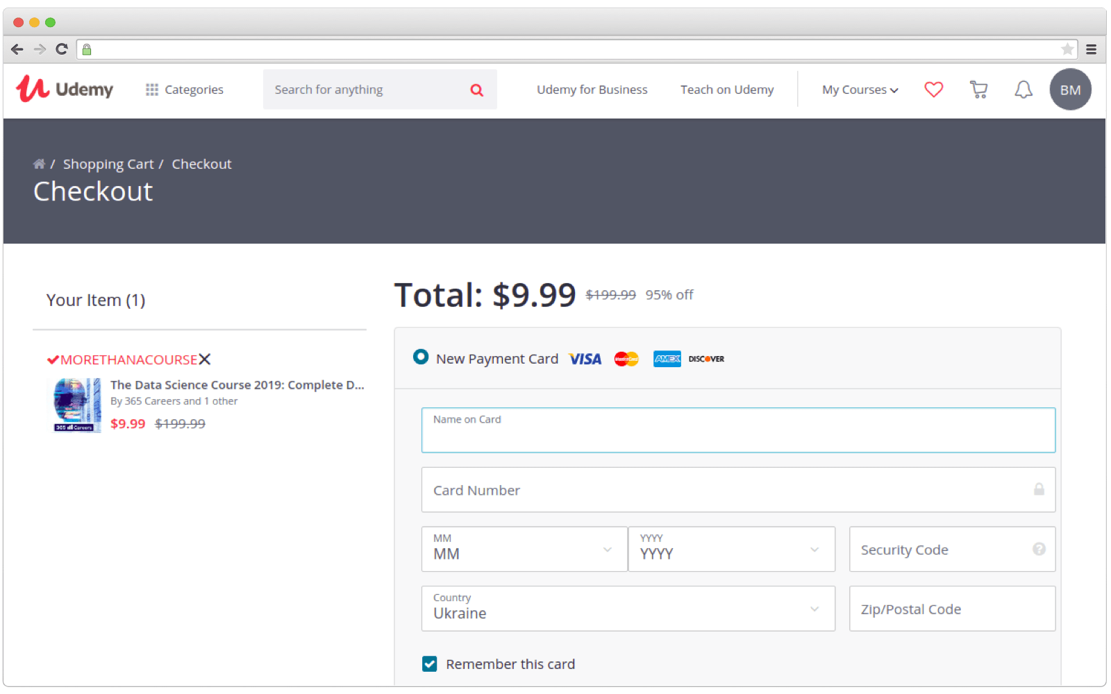 Payment screen on Udemy