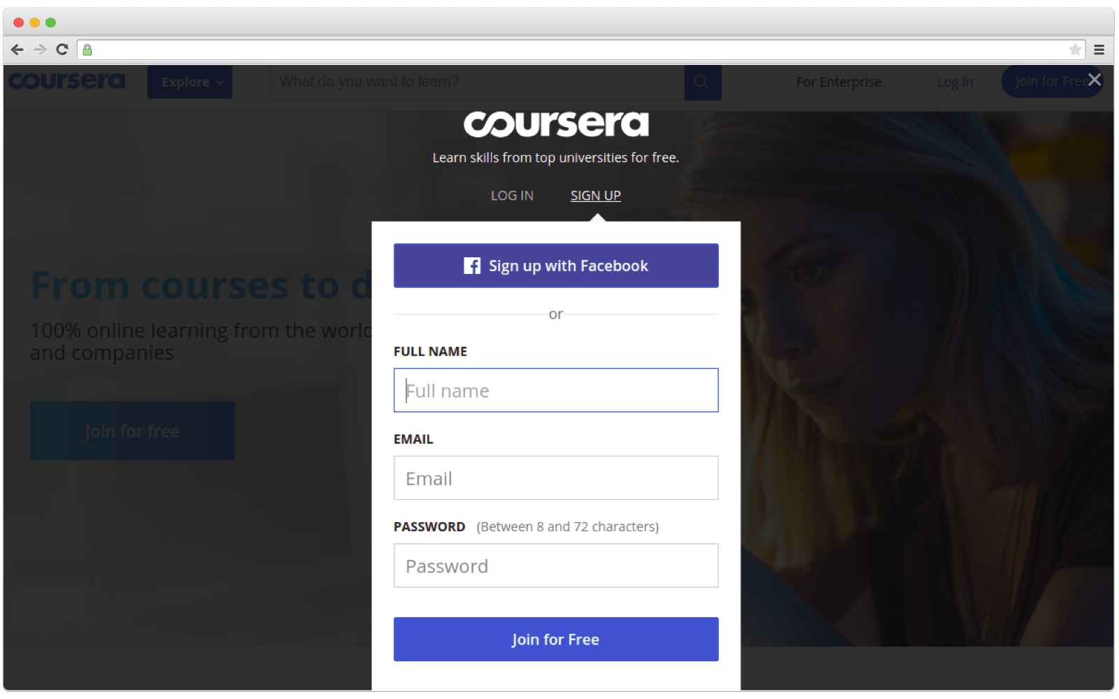 Coursera registration screen