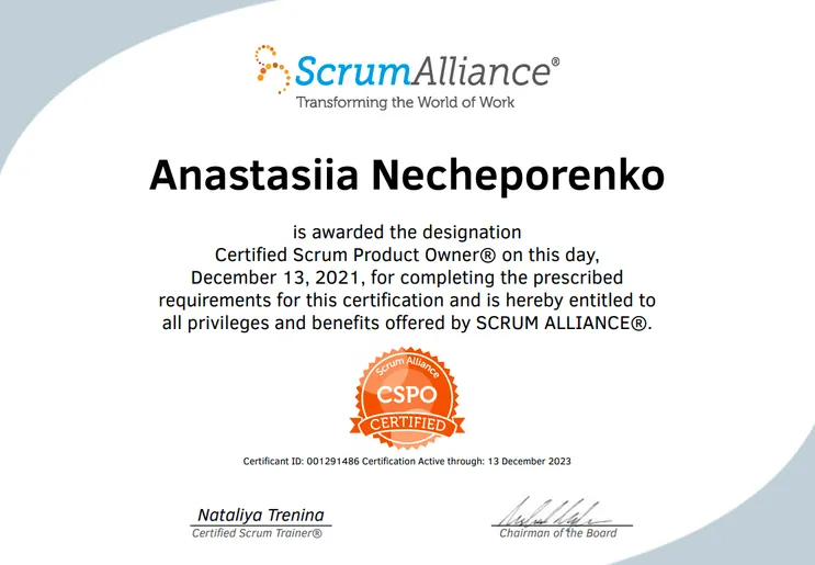 Cleveroad Completed CSPO Certification by Scrum Alliance