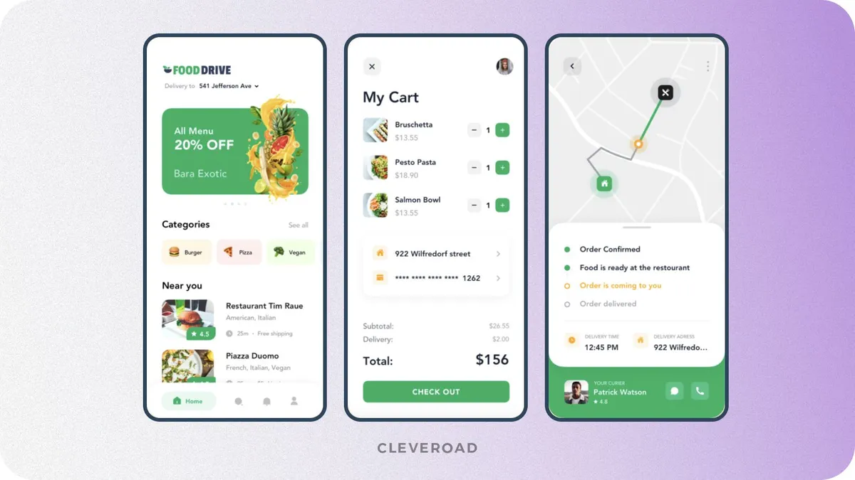 Interface of food delivery app for startup
